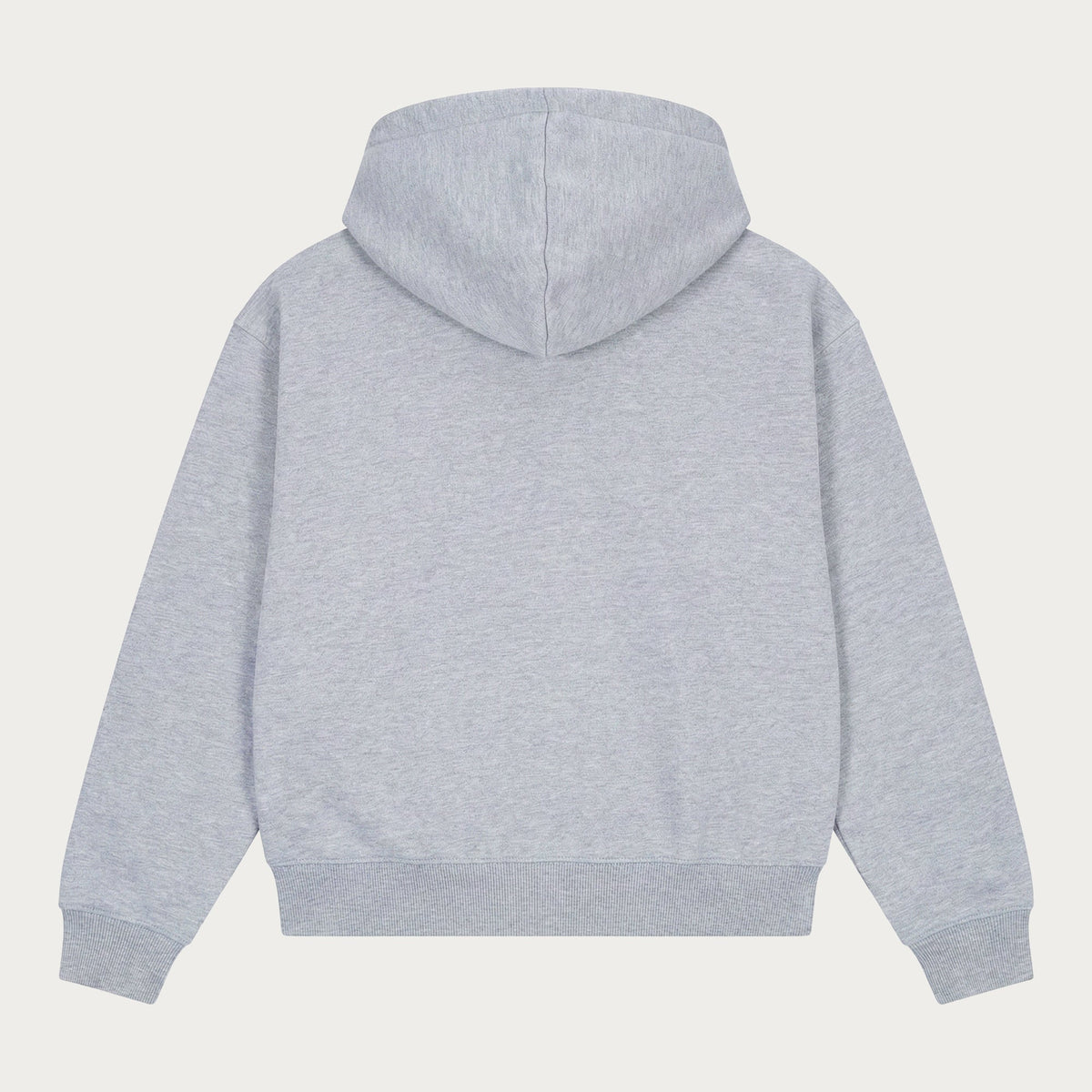 Grey unisex zip-up hoodie with hood, long sleeves and front pockets