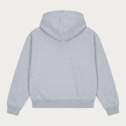 Grey unisex zip-up hoodie with hood, long sleeves and front pockets