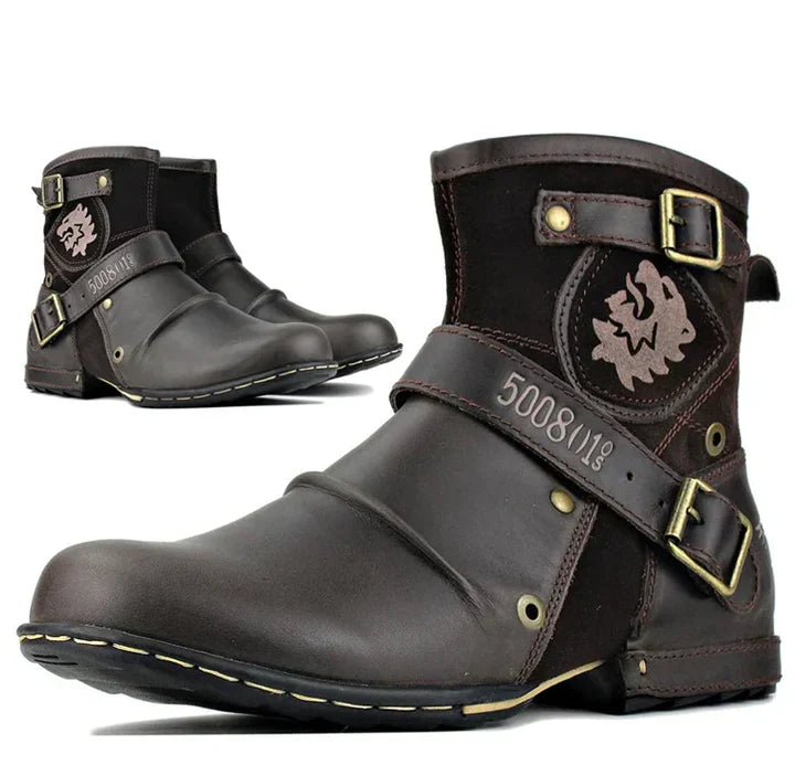 Men's biker ankle boots with buckle straps and rounded toes