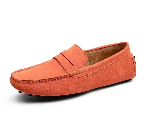 Men's suede loafers with moc toe and penny strap