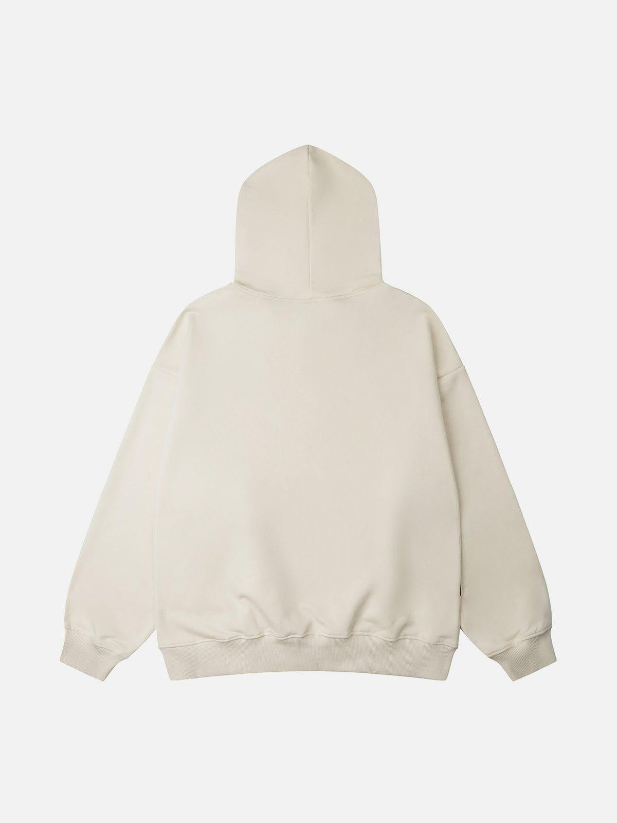 Hooded sweatshirt with blue abstract figure graphic and ribbed trims