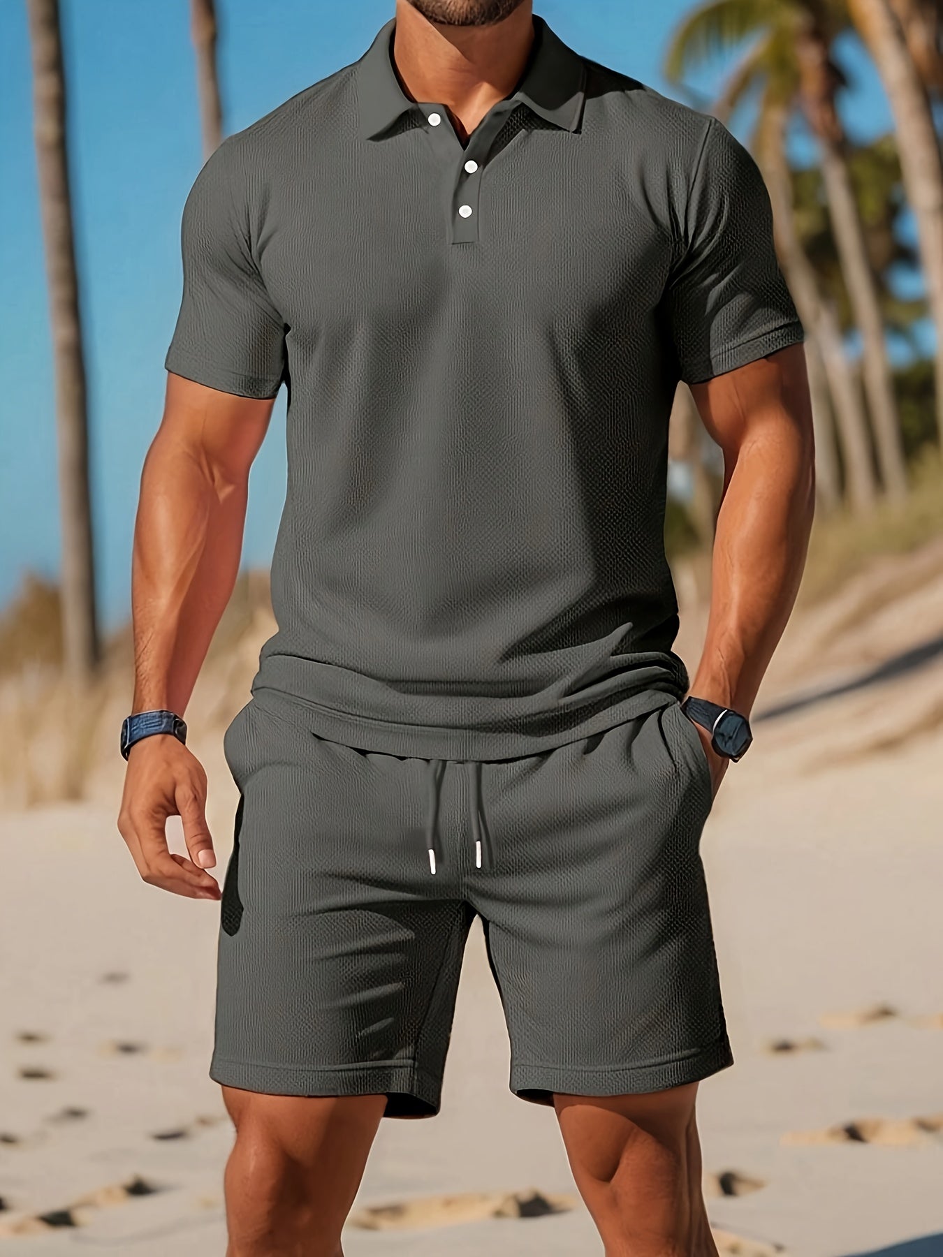 Men's Polo Shirt & Shorts Set, 2 Piece Short Sleeve Summer Co-Ord Outfit Matching