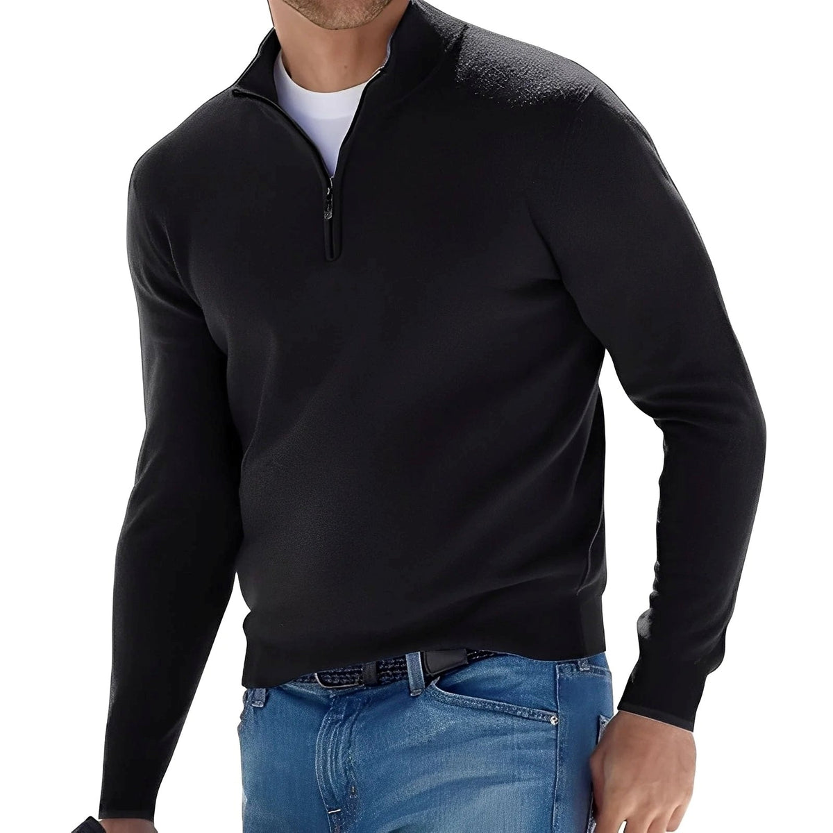 Men's long-sleeve quarter-zip sweater with stand collar and ribbed trims