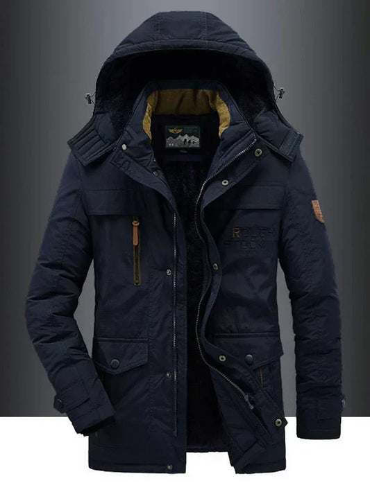 Men's hooded winter jacket with multiple zipped and flap pockets