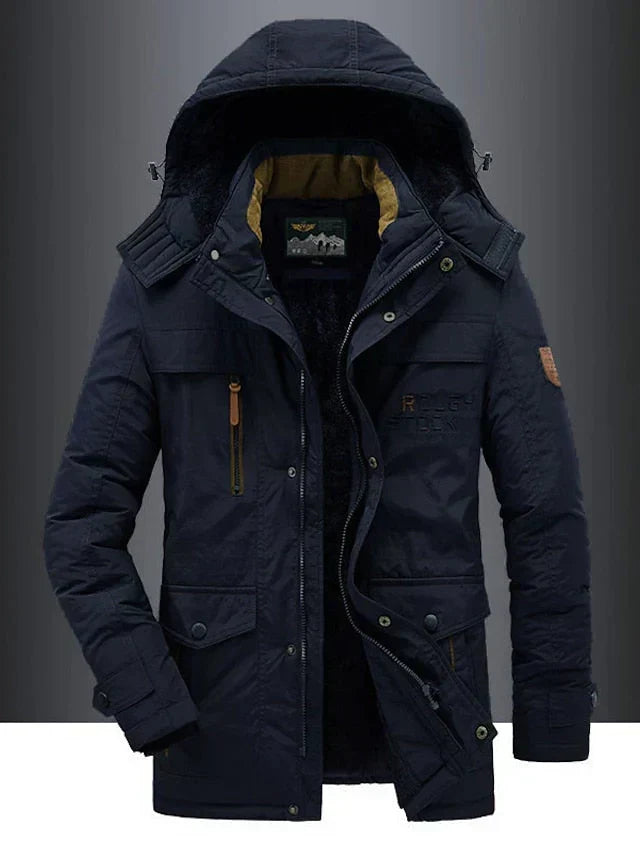 Men's hooded winter jacket with multiple zipped and flap pockets