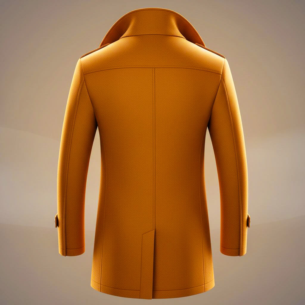 Men's long structured coat with notched lapels, patterned trim, buttons and multiple pockets