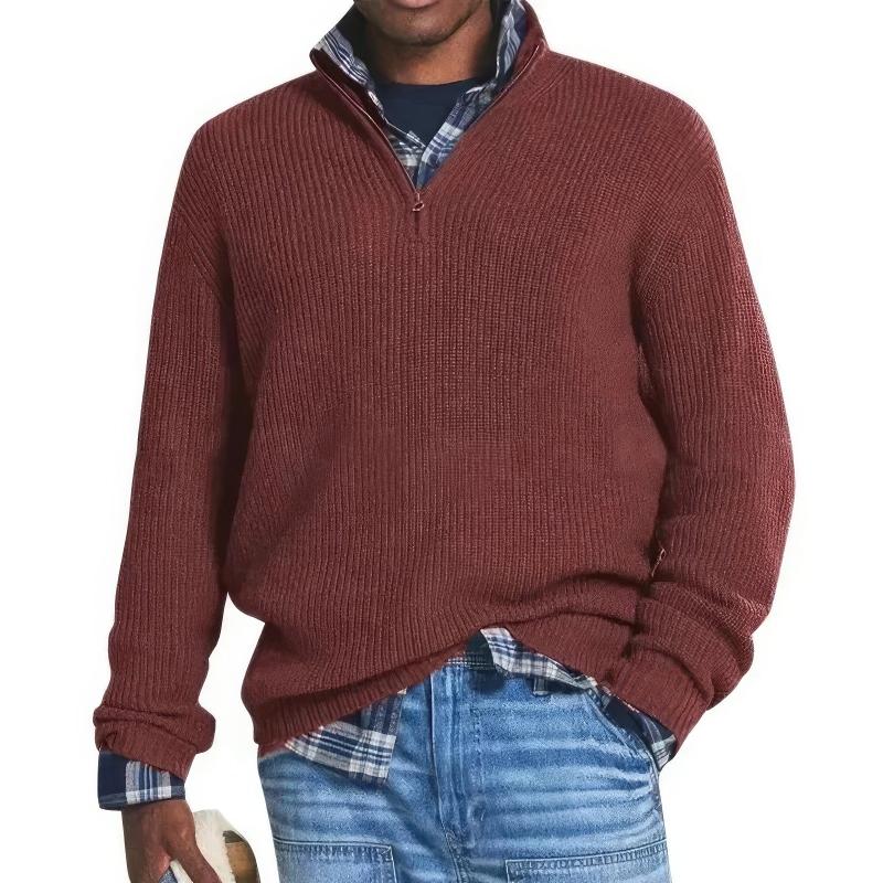 Men's ribbed quarter-zip jumper with raised collar and long sleeves