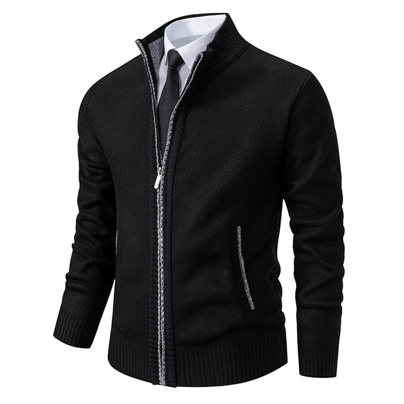 Men's textured hooded cardigan with full-length zip, long sleeves and ribbed trims