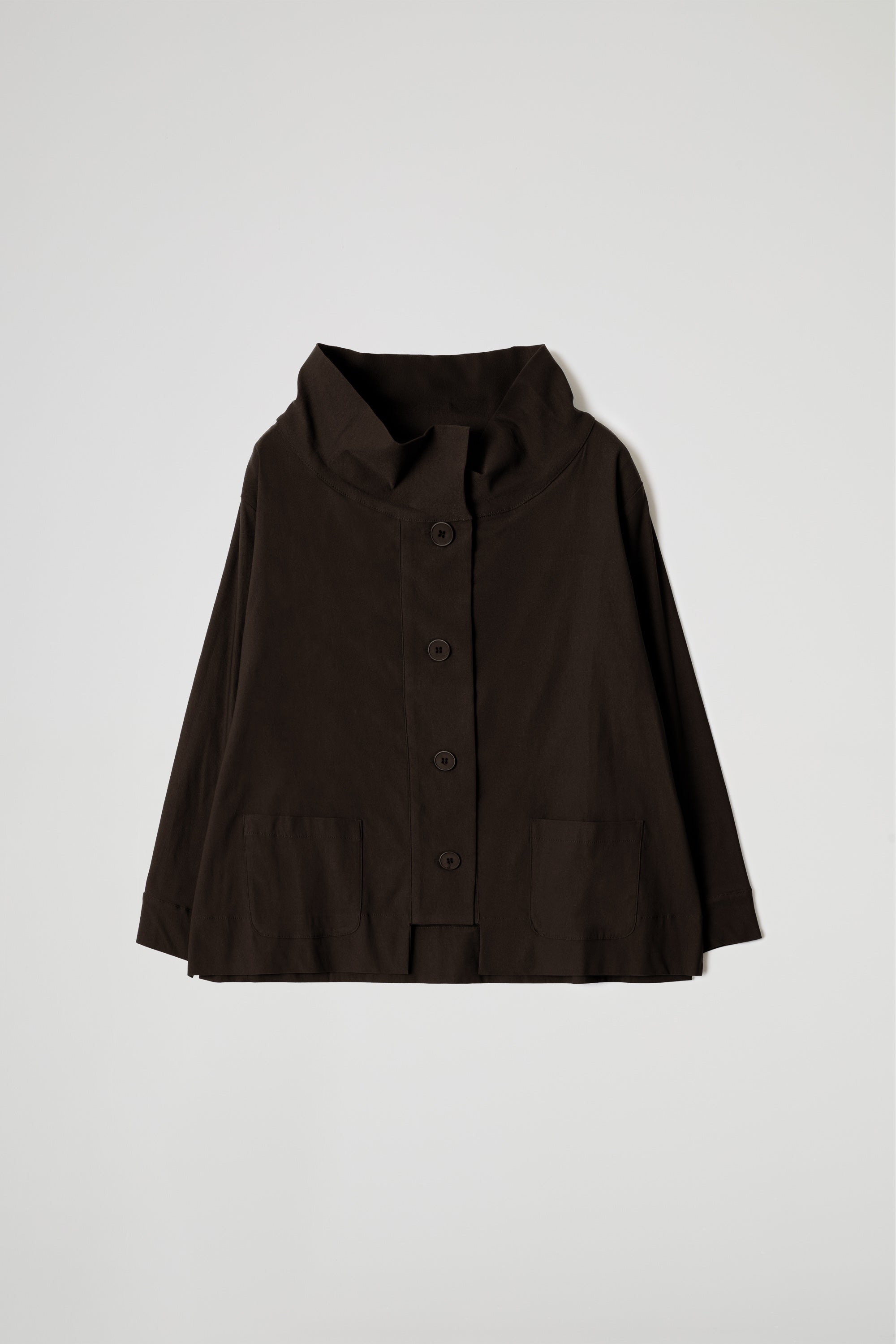 Women's navy asymmetric short jacket with long sleeves and button front closure