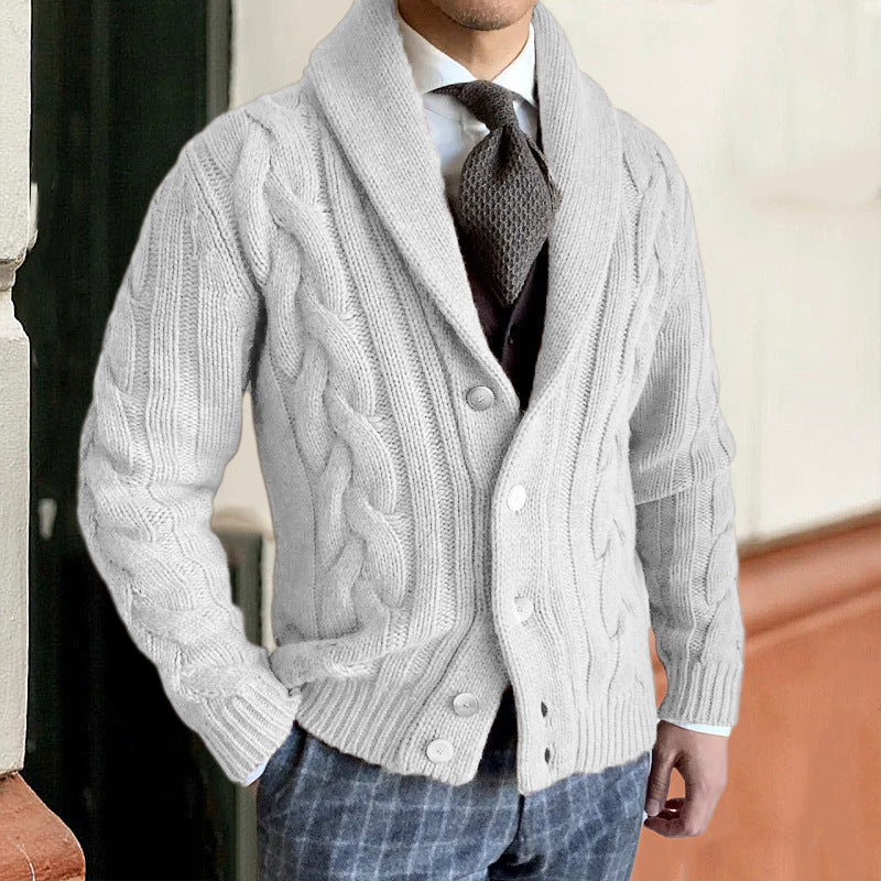 Men's cable knit button cardigan with shawl collar and long sleeves