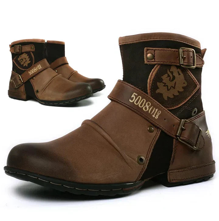 Men's biker ankle boots with buckle straps and rounded toes