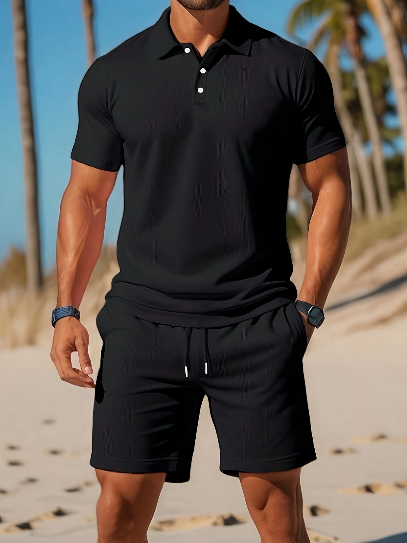 Men's Polo Shirt & Shorts Set, 2 Piece Short Sleeve Summer Co-Ord Outfit Matching