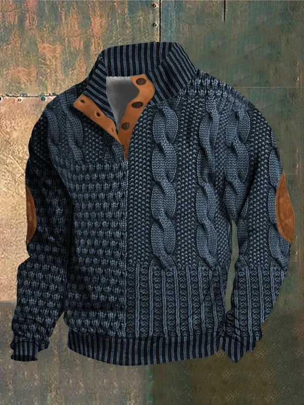 Men's patterned cable knit sweater with crew neck and suede elbow patches