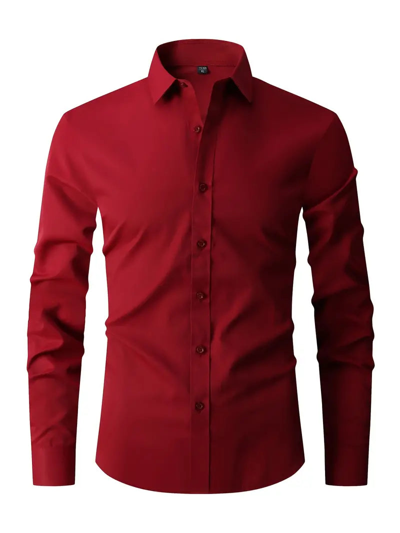 Men's fitted long sleeve shirt with point collar and button front in white