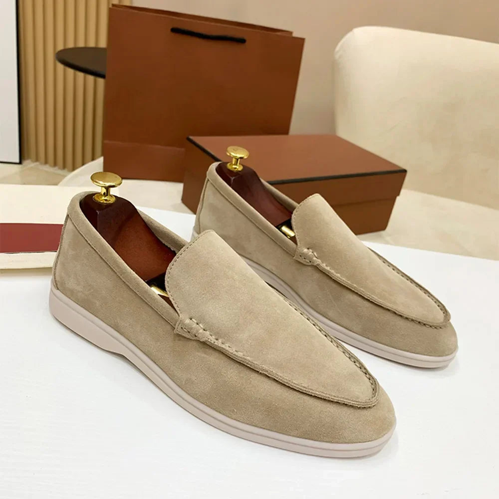 Men's low profile moc toe loafers with slip-on design and flat soles