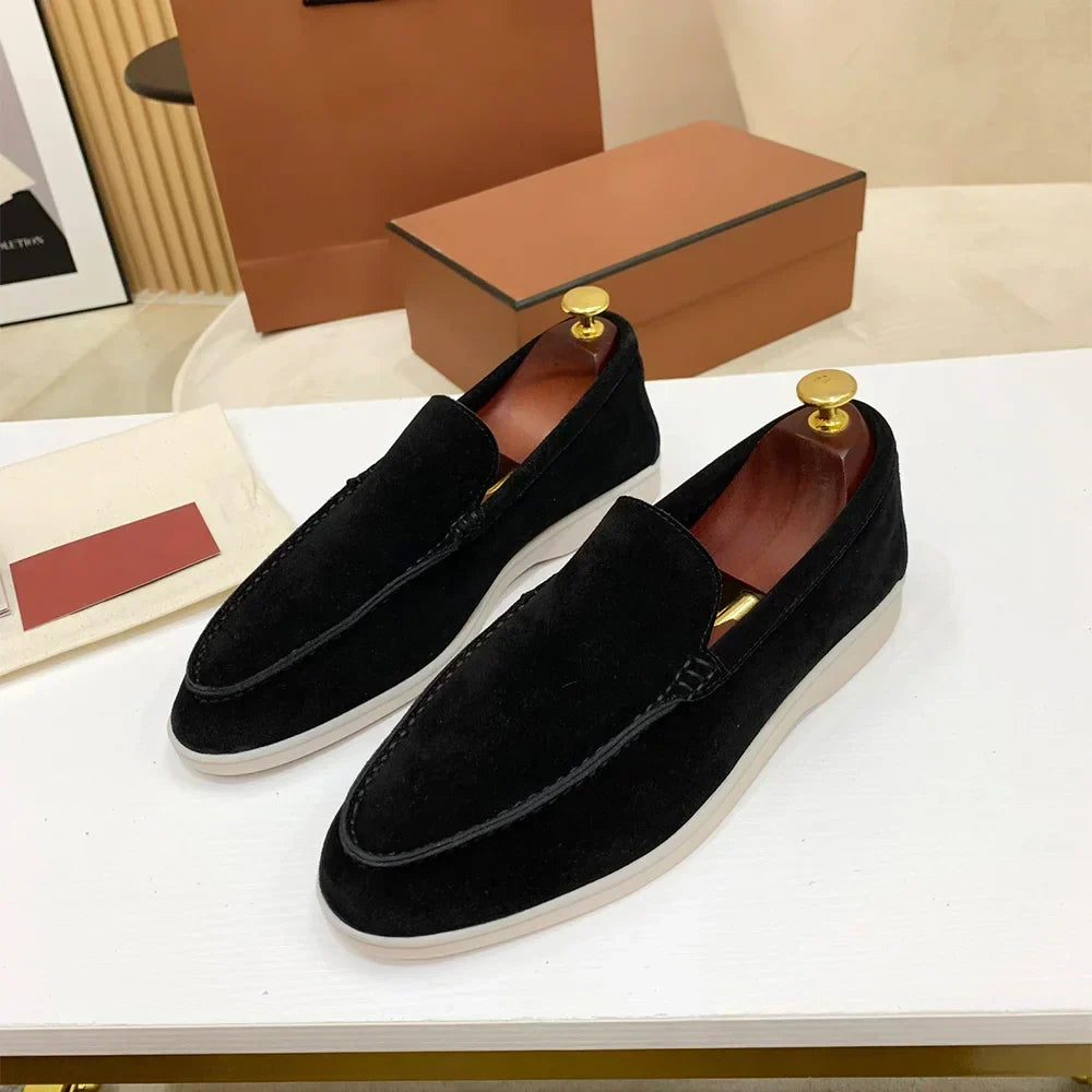 Men's low profile moc toe loafers with slip-on design and flat soles