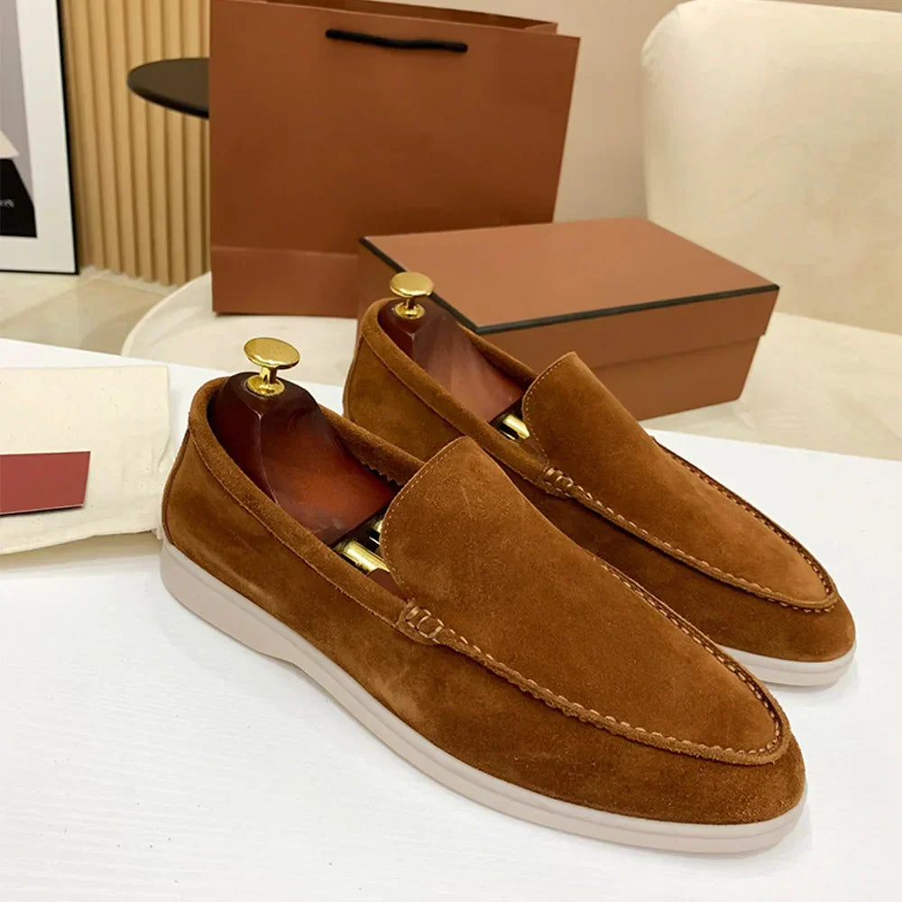 Men's low profile moc toe loafers with slip-on design and flat soles