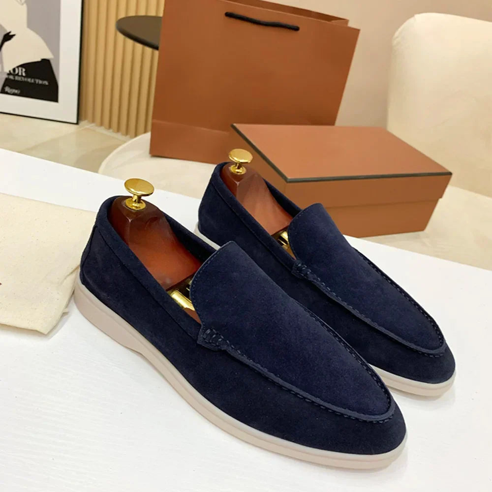 Men's low profile moc toe loafers with slip-on design and flat soles