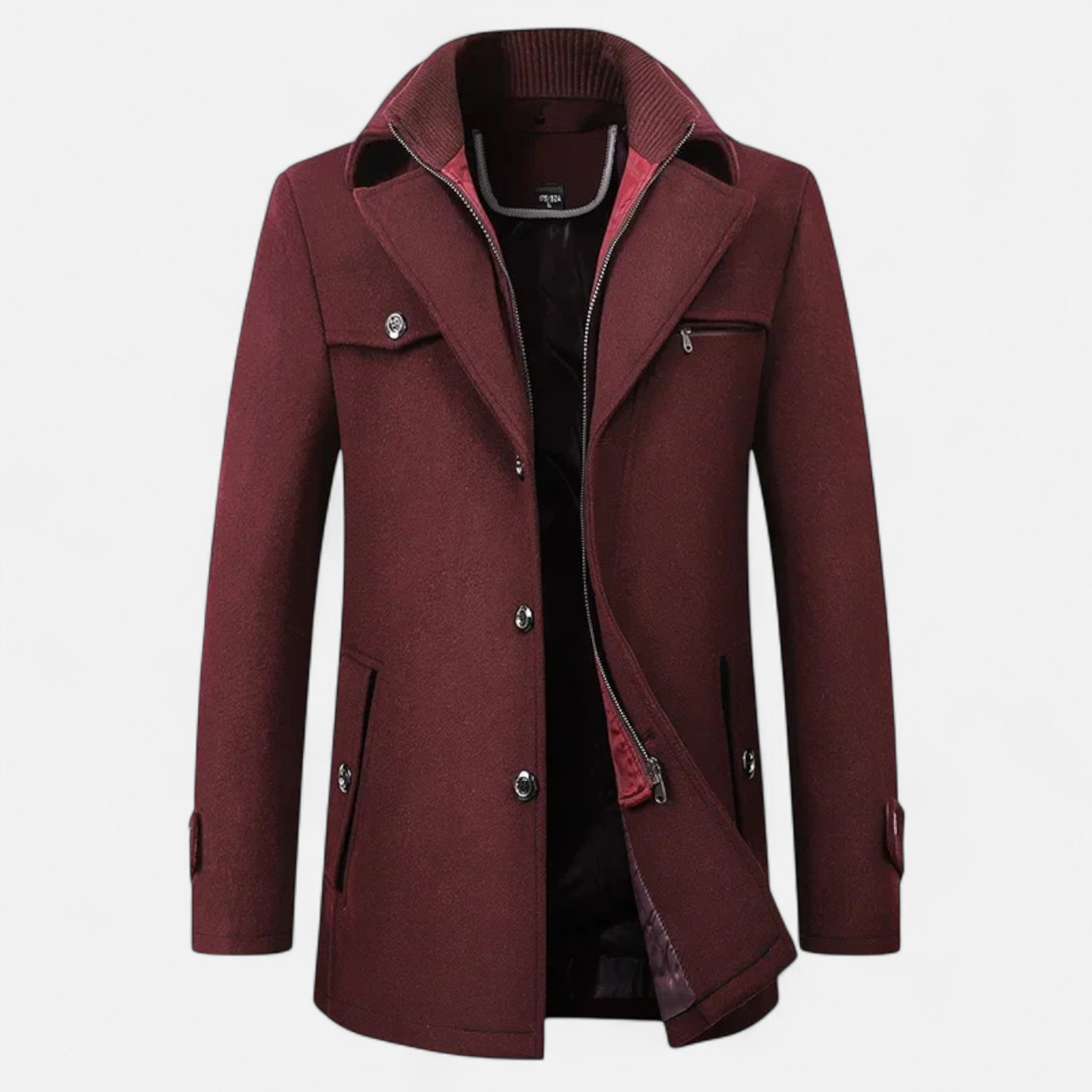 Men's mid-length coat with stand collar, double fastening and pockets