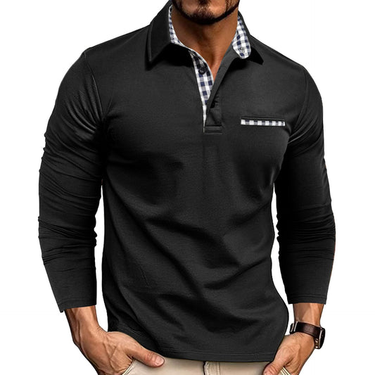 Men's long sleeve polo shirt with checked collar trim and button placket