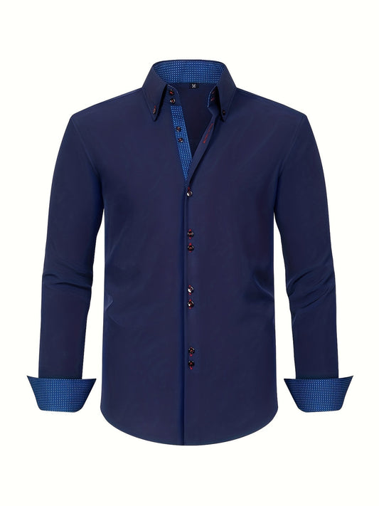 Men's long-sleeve button-down shirt with contrasting patterned cuffs and collar trim