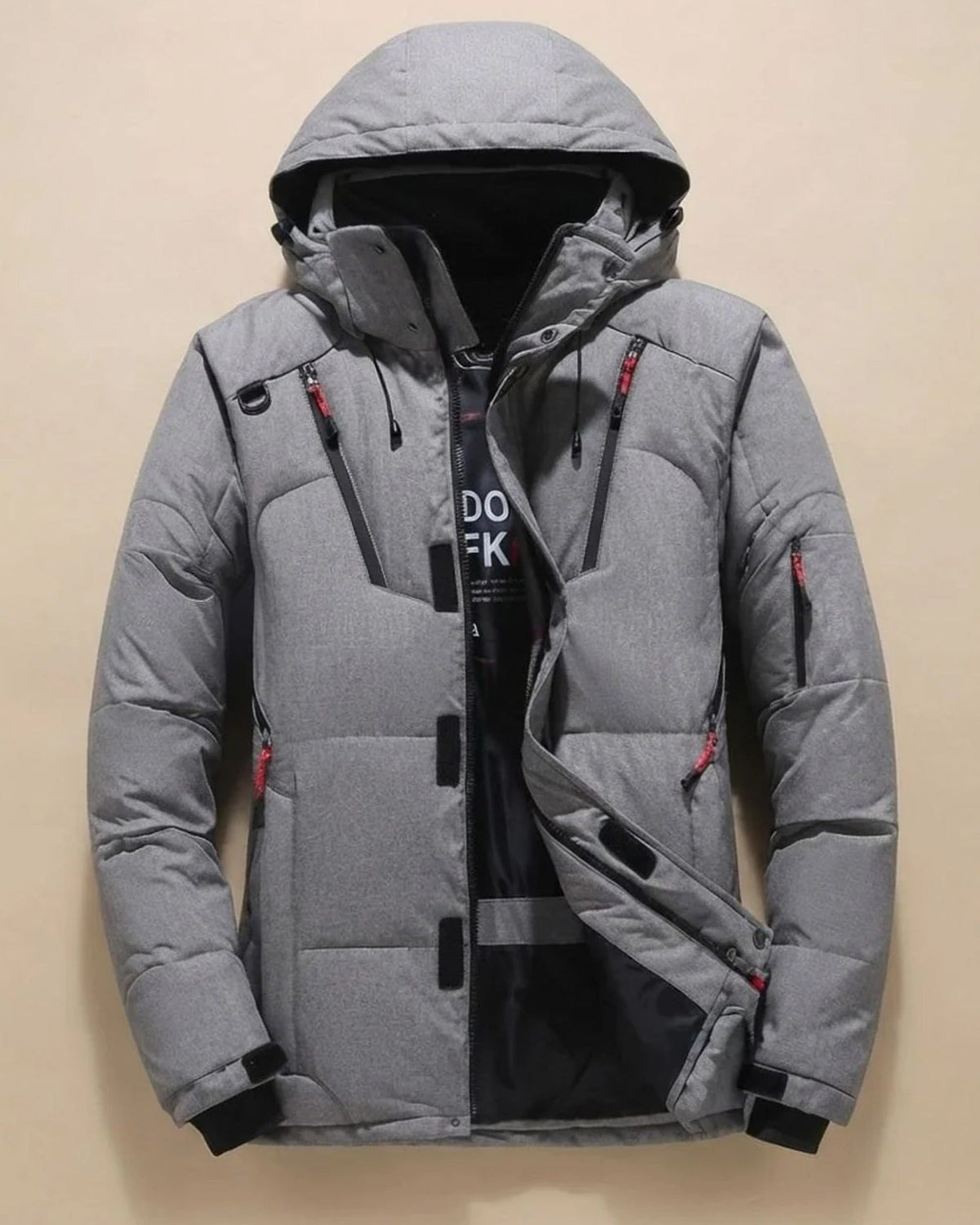 Men's quilted hooded jacket with long sleeves and multiple zipped pockets