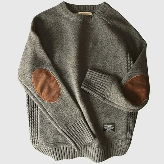 Men's knitted crew neck jumper with contrasting elbow patches and ribbed trims