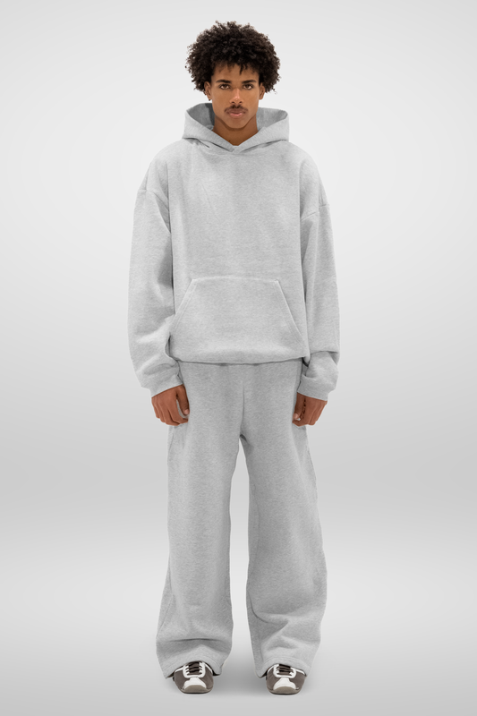 Grey unisex hoodie with a hooded neckline and long sleeves