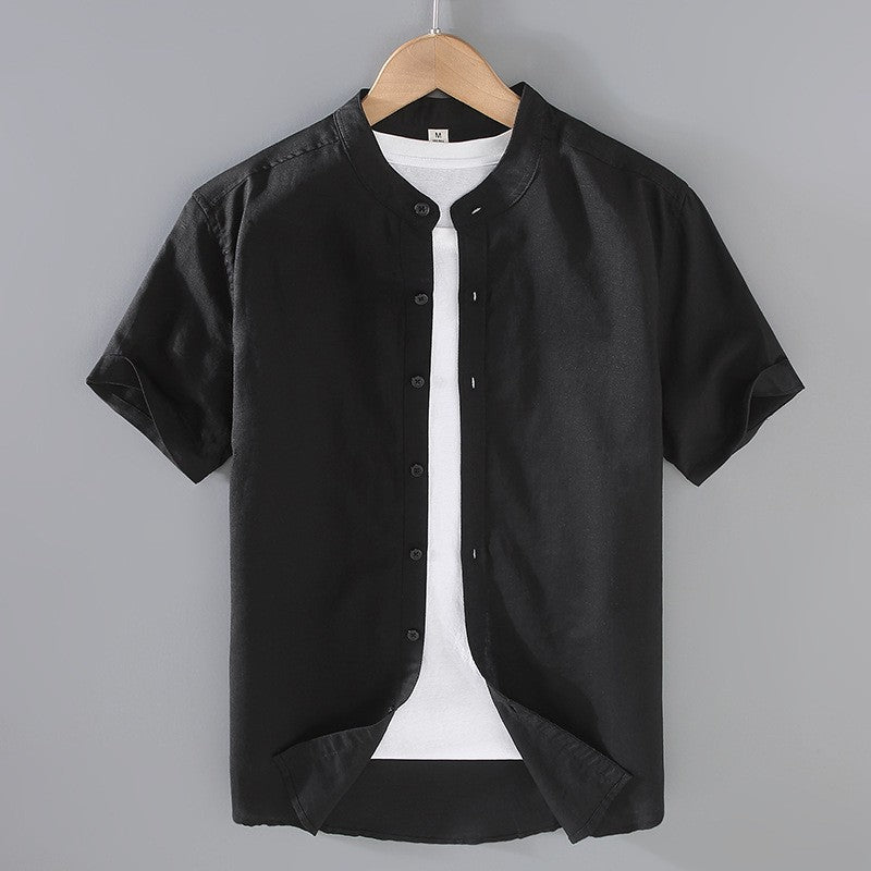 Men's short sleeve shirt with mandarin collar in cream and light blue