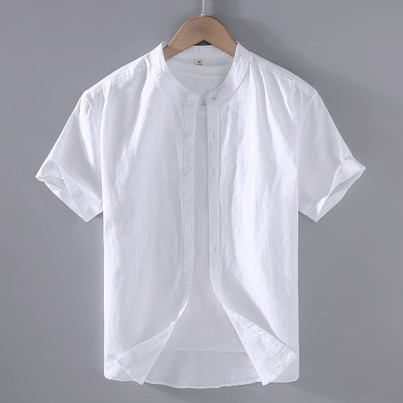 Men's short sleeve shirt with mandarin collar in cream and light blue