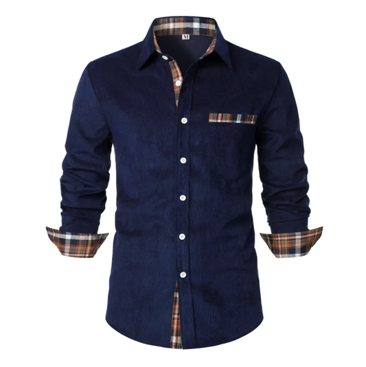 Men's long sleeve shirt with checked trim, pointed collar and chest pocket