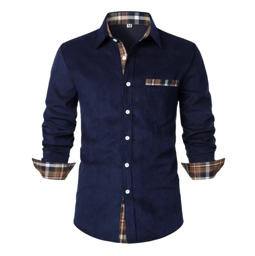 Men's long sleeve shirt with checked trim, pointed collar and chest pocket
