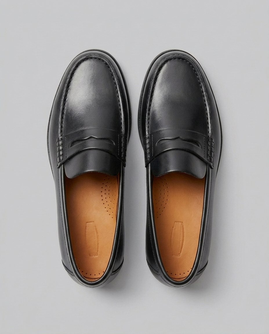 Men's slip-on loafers with moc toe stitching and penny strap detail