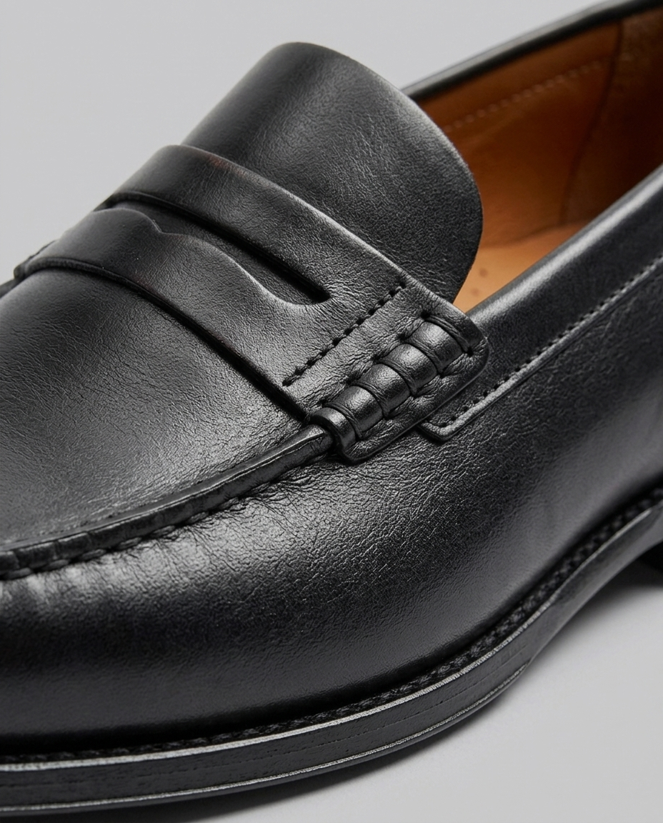 Men's slip-on loafers with moc toe stitching and penny strap detail