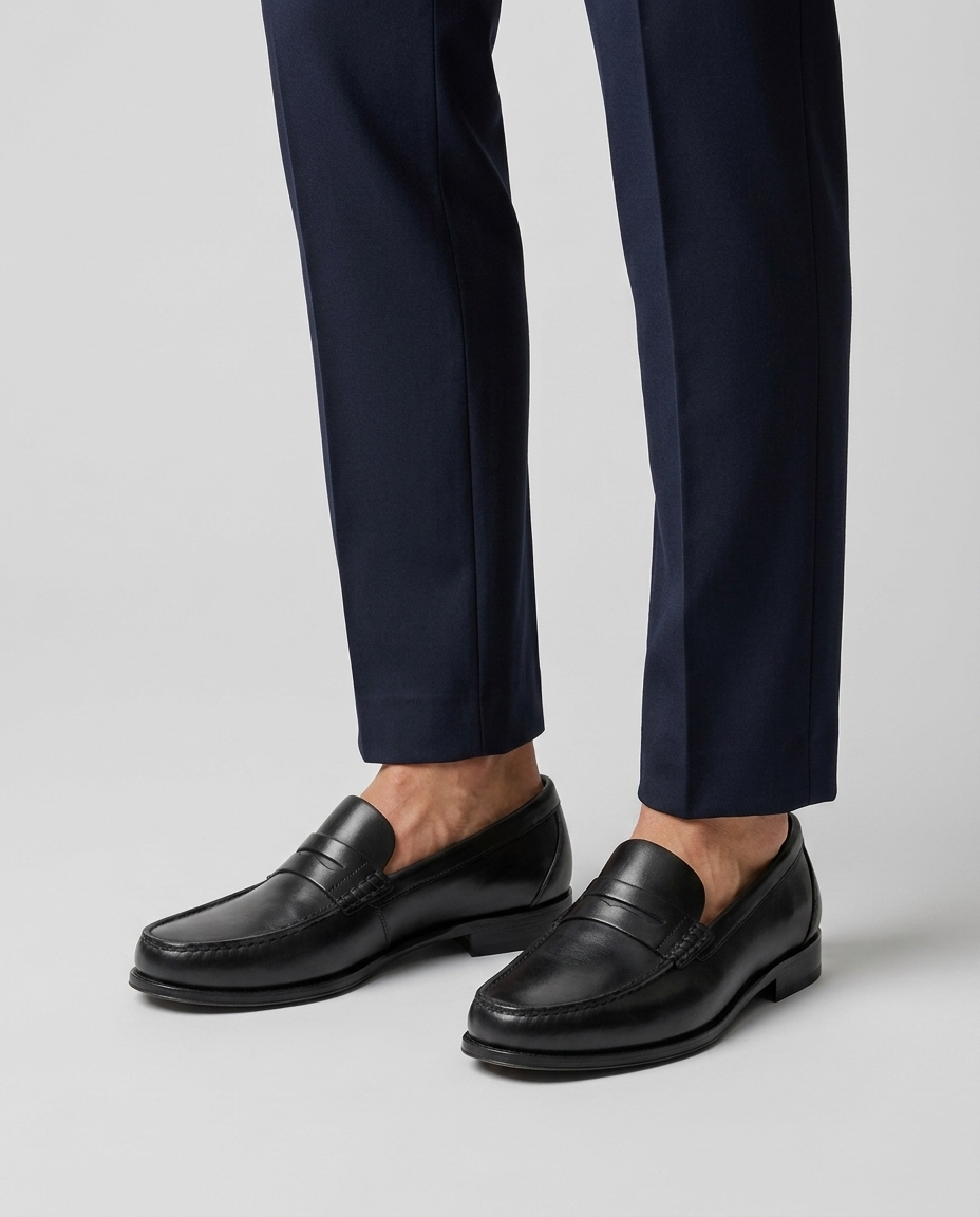 Men's slip-on loafers with moc toe stitching and penny strap detail