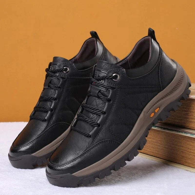 Men's black leather lace-up orthopedic shoes with cushioned midsole and treaded sole