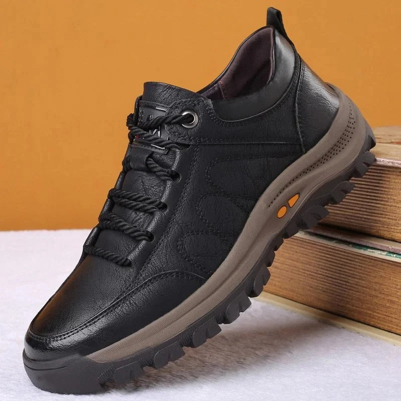 Men's black leather lace-up orthopedic shoes with cushioned midsole and treaded sole