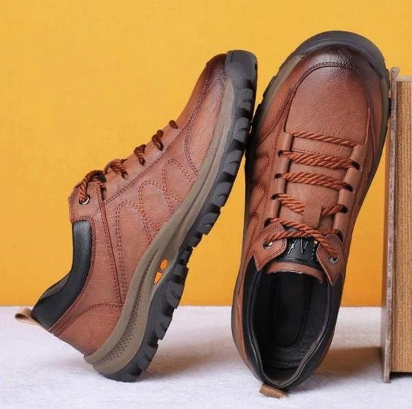 Men's black leather lace-up orthopedic shoes with cushioned midsole and treaded sole
