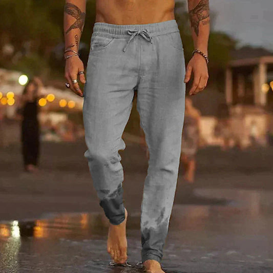 Men's Linen Beach Trousers, Relaxed Fit Elastic Waist Lightweight Summer Pants