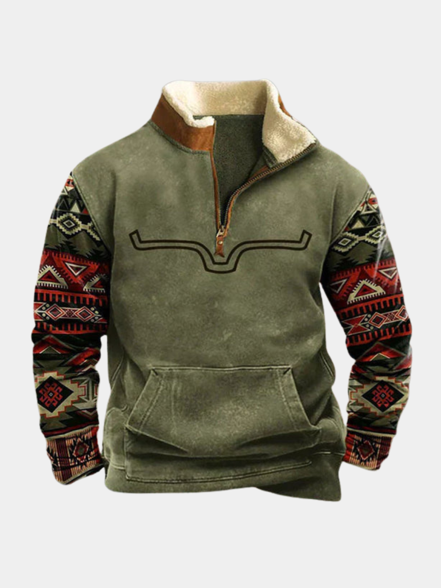 Men's quarter-zip sweatshirt with geometric patterned sleeves and kangaroo pocket