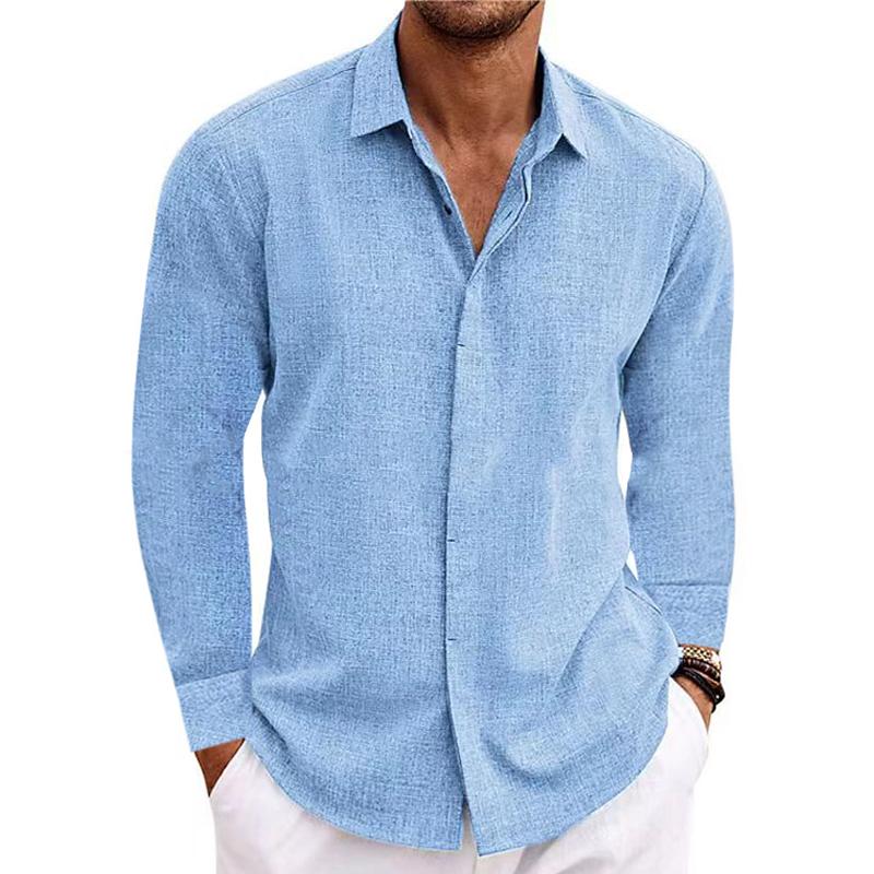 Men's Long Sleeve Linen Shirt, Button-Down Breathable Cotton Blend Summer Shirt with Lapel Collar