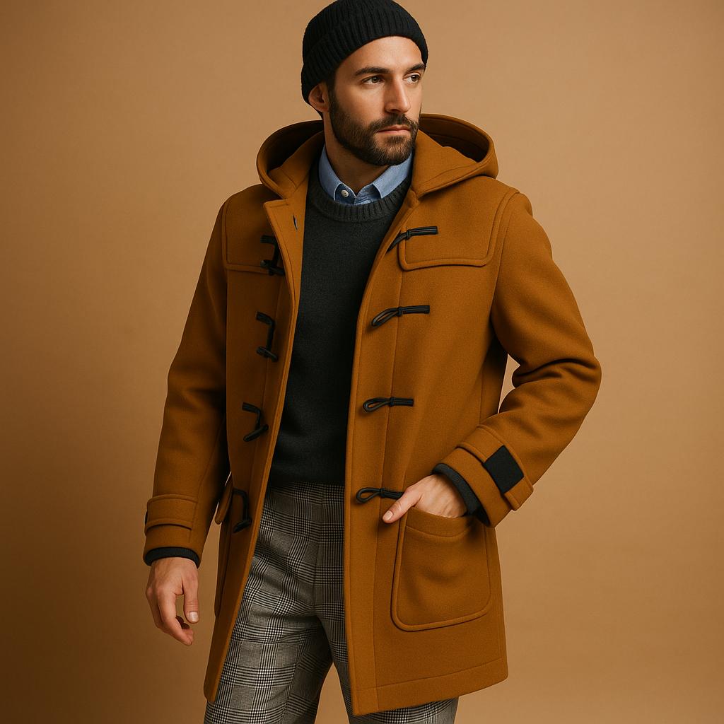 Men's hooded duffle coat with toggle fastenings and patch pockets