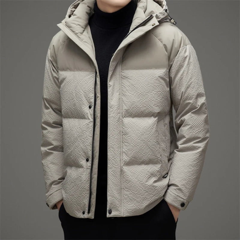 Men's quilted hooded padded jacket with long sleeves and front pockets