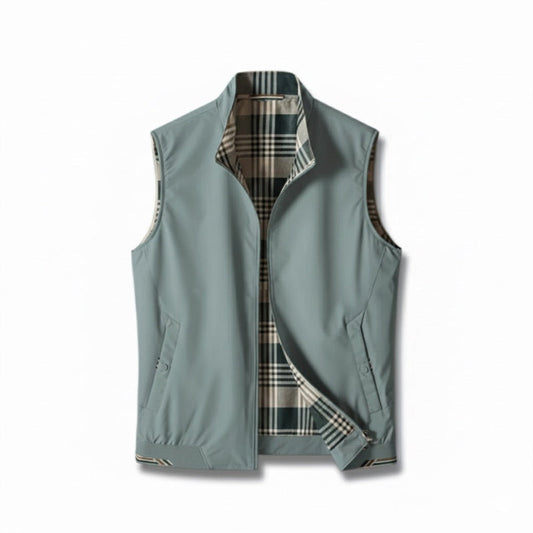 Sleeveless plaid-lined gilet vest with stand collar, zip front and zipped pockets