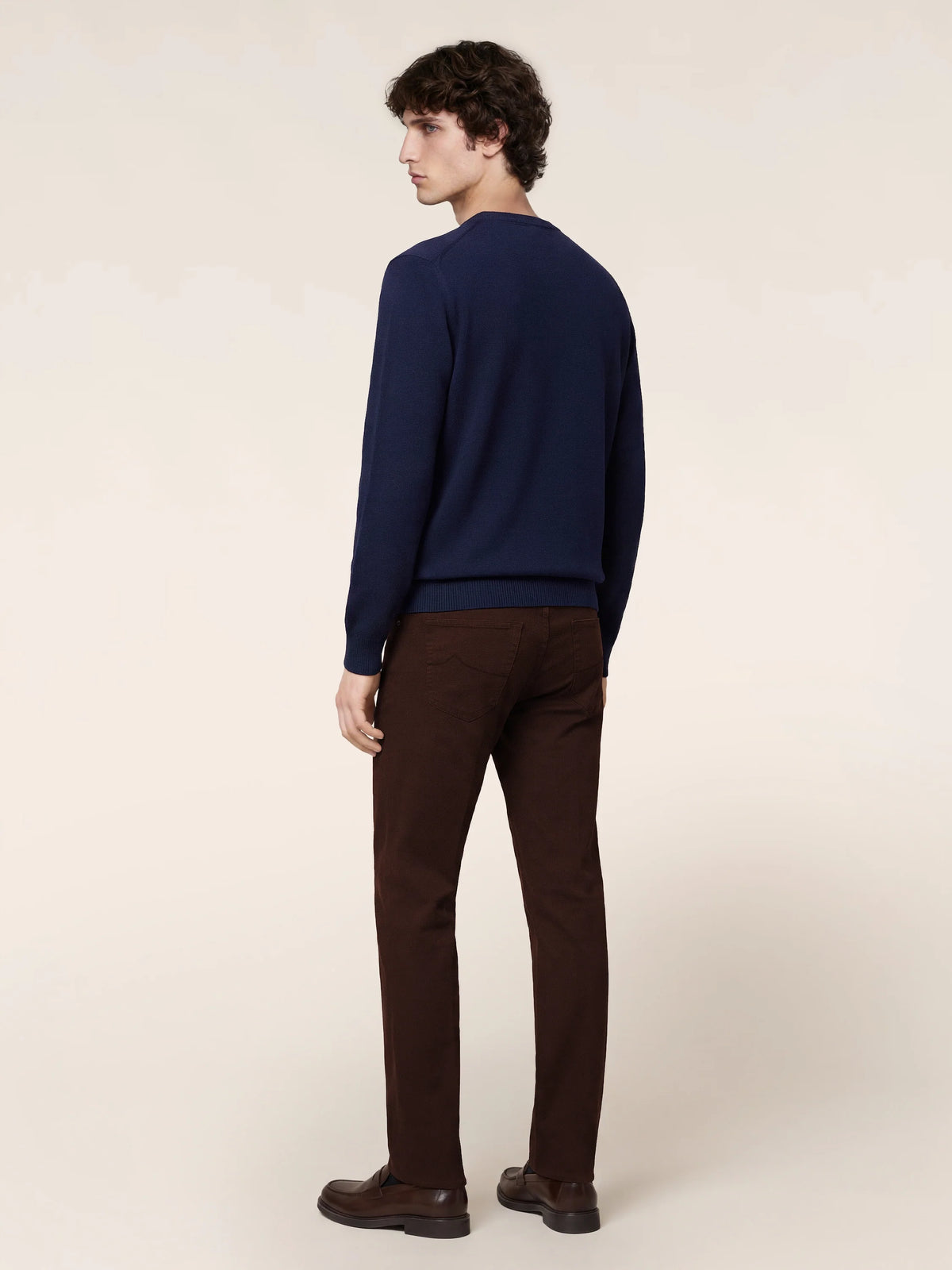 Men's navy crew neck jumper with long sleeves and ribbed trims