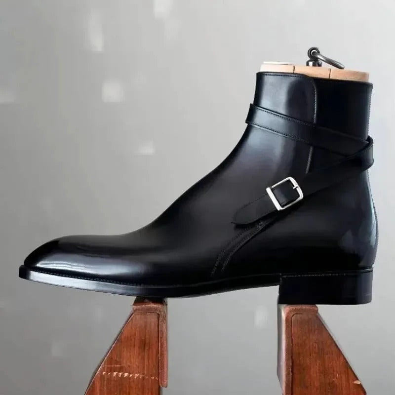 Men's polished ankle boots with side buckle strap