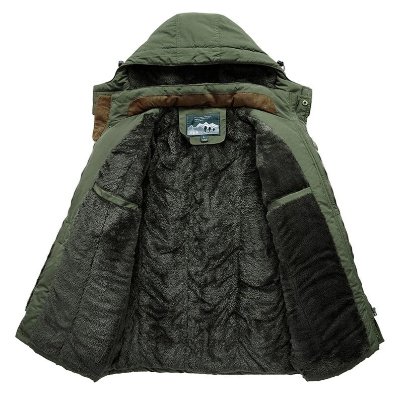 Men's hooded winter jacket with multiple zipped and flap pockets
