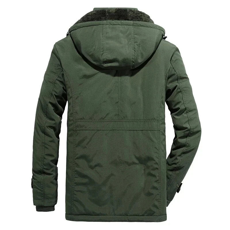 Men's hooded winter jacket with multiple zipped and flap pockets