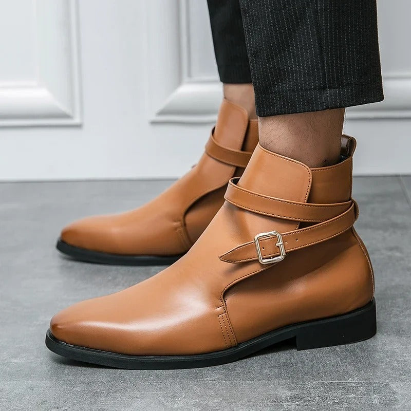 Men's polished ankle boots with side buckle strap