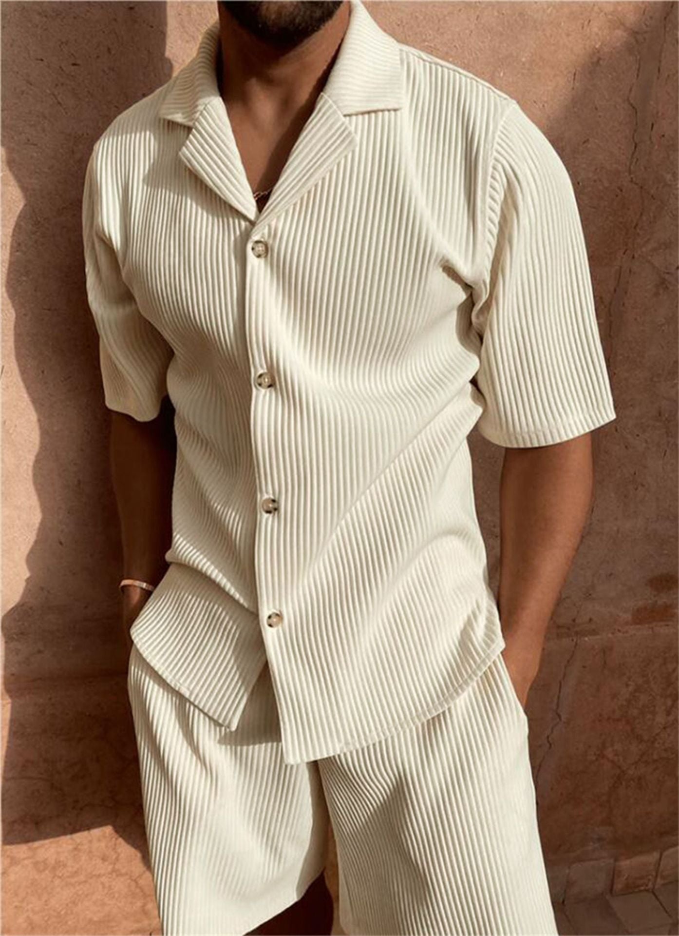 Men's Textured Shirt and Shorts Set, Short Sleeve Ribbed Casual Summer Co-ord Outfit